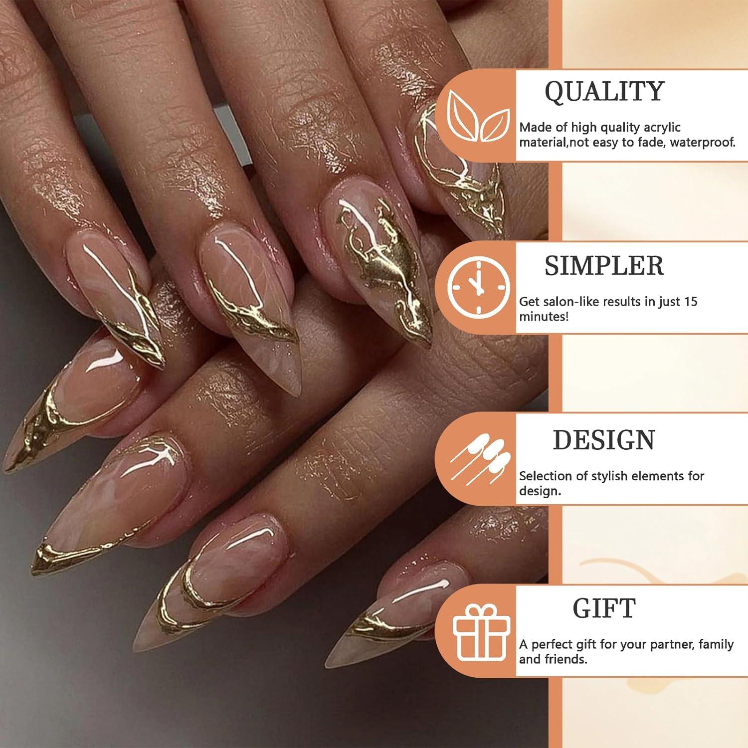 24 Stück Mandel Gold Design Falsche Nägel Mittellang Glänzend Akrylnägel
