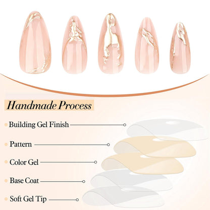 24er Set Mandel Press On Nails Mittellang Bronzing Gold Linie Nagel Kunst