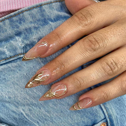 24 Mandel Press On Nails Mittel Länge Designs Gold Linie Nagel Deko