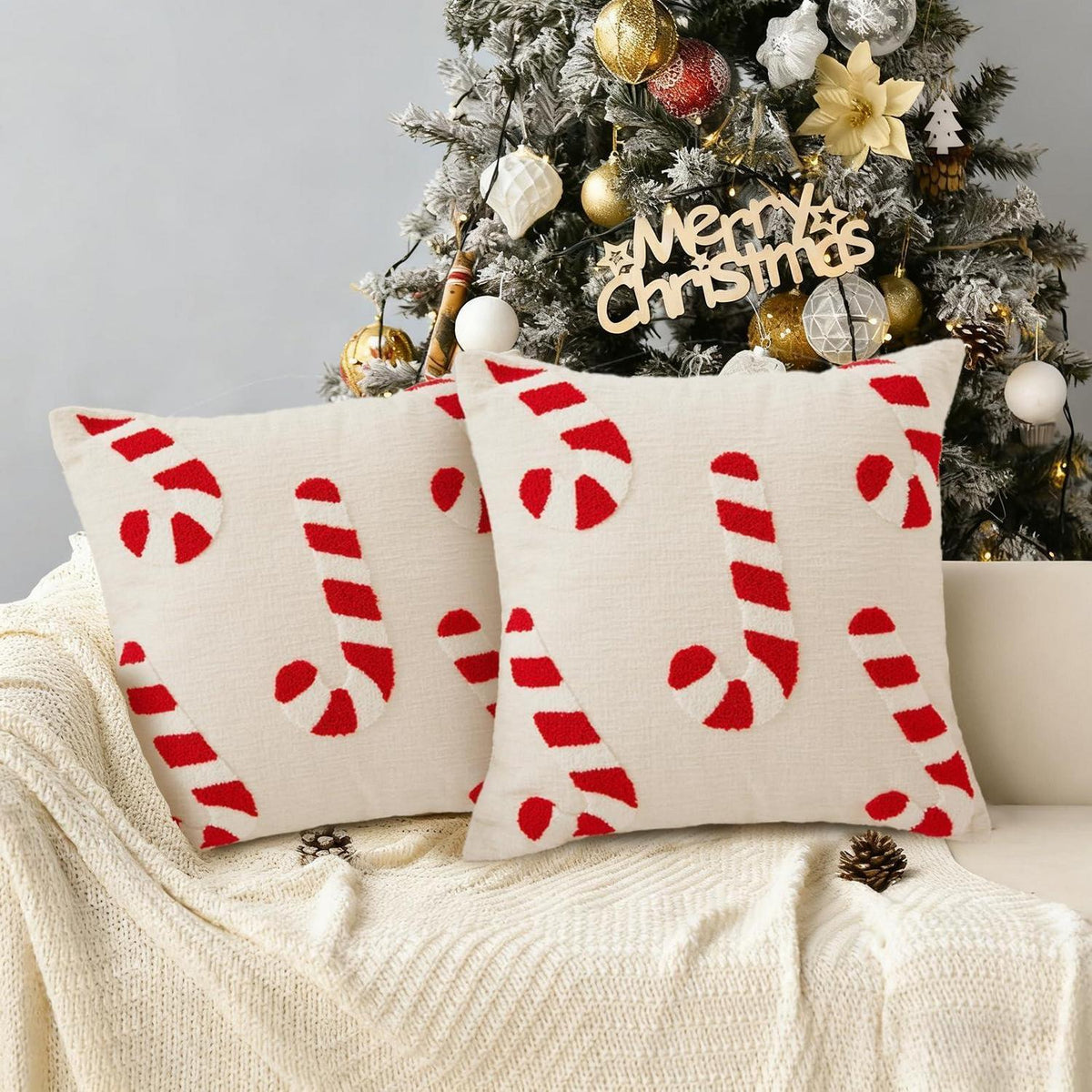 Weihnachtskissenbezug 45x45 cm - 2er Set Zuckerstangen Sherpa-Velours
