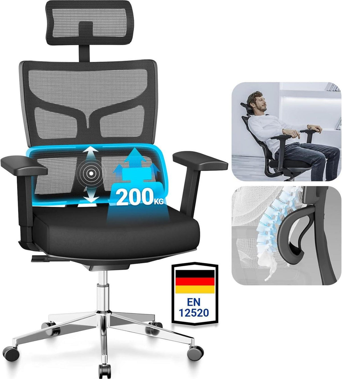 Ergonomischer Bürostuhl 200kg belastbar, XXL, 3D