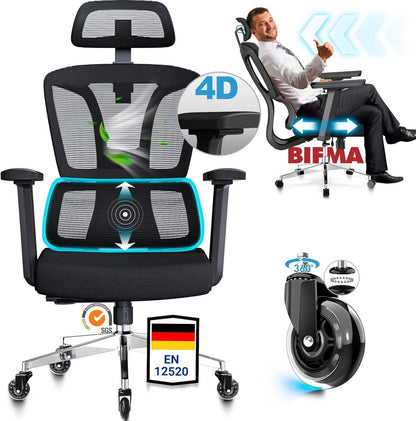 Bürostuhl 200 KG 4D Armlehnen Sitztiefe Neigung Adaptive Rückenlehne
