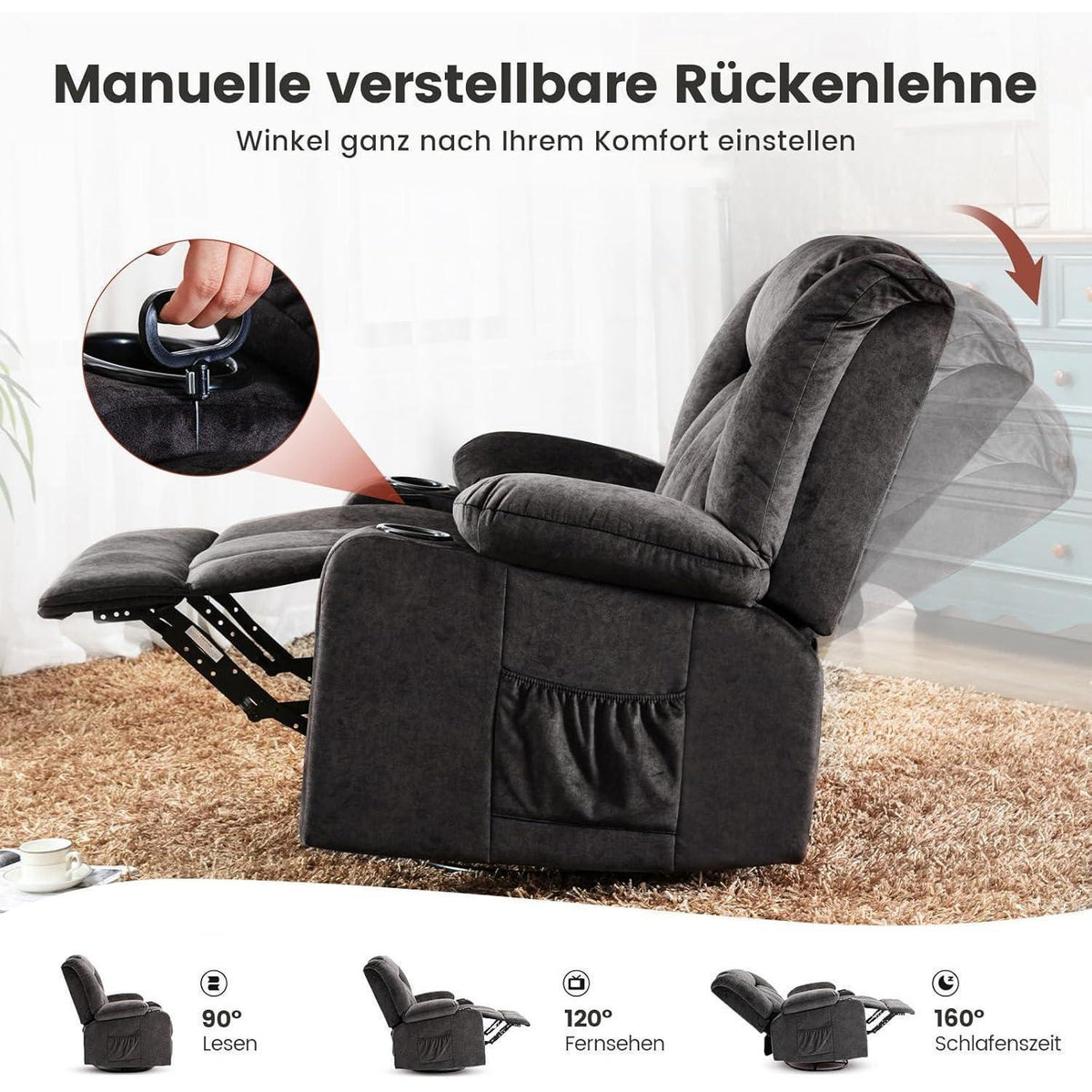 Drehbarer Relaxsessel mit Fußstütze & Getränkehalter – Grau
