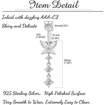 925 Sterling Silber Bauchnabelpiercing 10mm Zirkonia 14G
