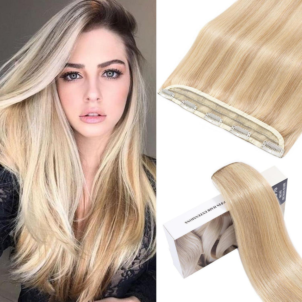 Echthaar Clip-In Extension Aschblond/Weißblond 40cm