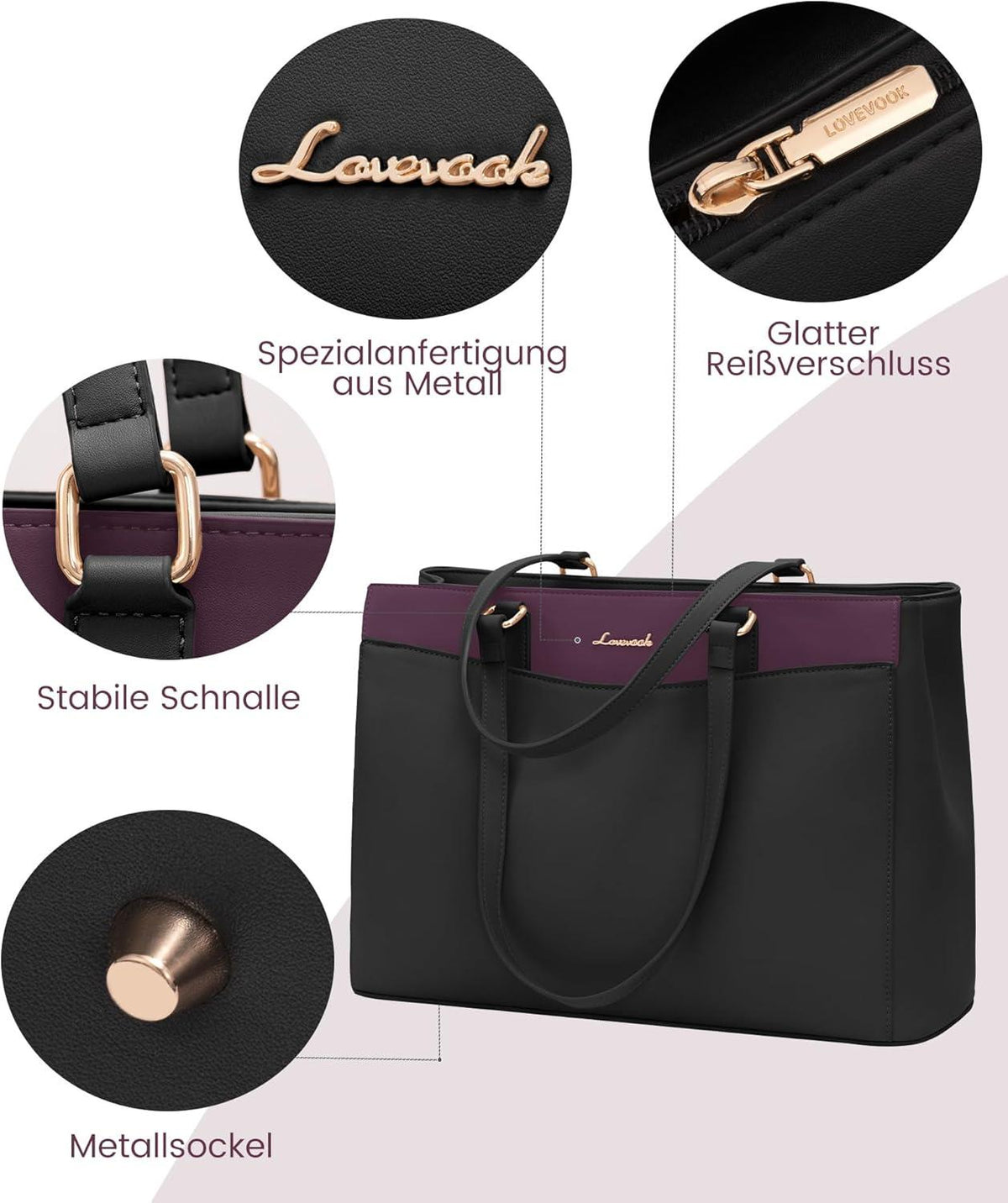 LOVEVOOK Aktentasche Damen 15,6 Zoll Schwarz Stabil & langlebig