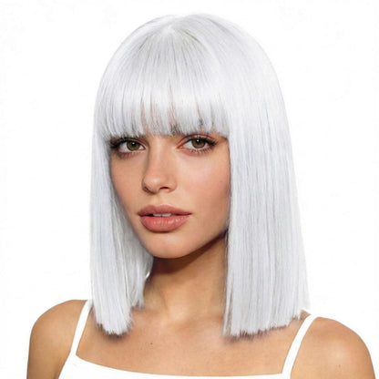 Weißer Bob mit Pony – Synthetische Perücke 30cm für Cosplay & Alltag