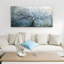 Blühender Baum Wandbild XXL – Blaues Leinwandbild Lebensbaum