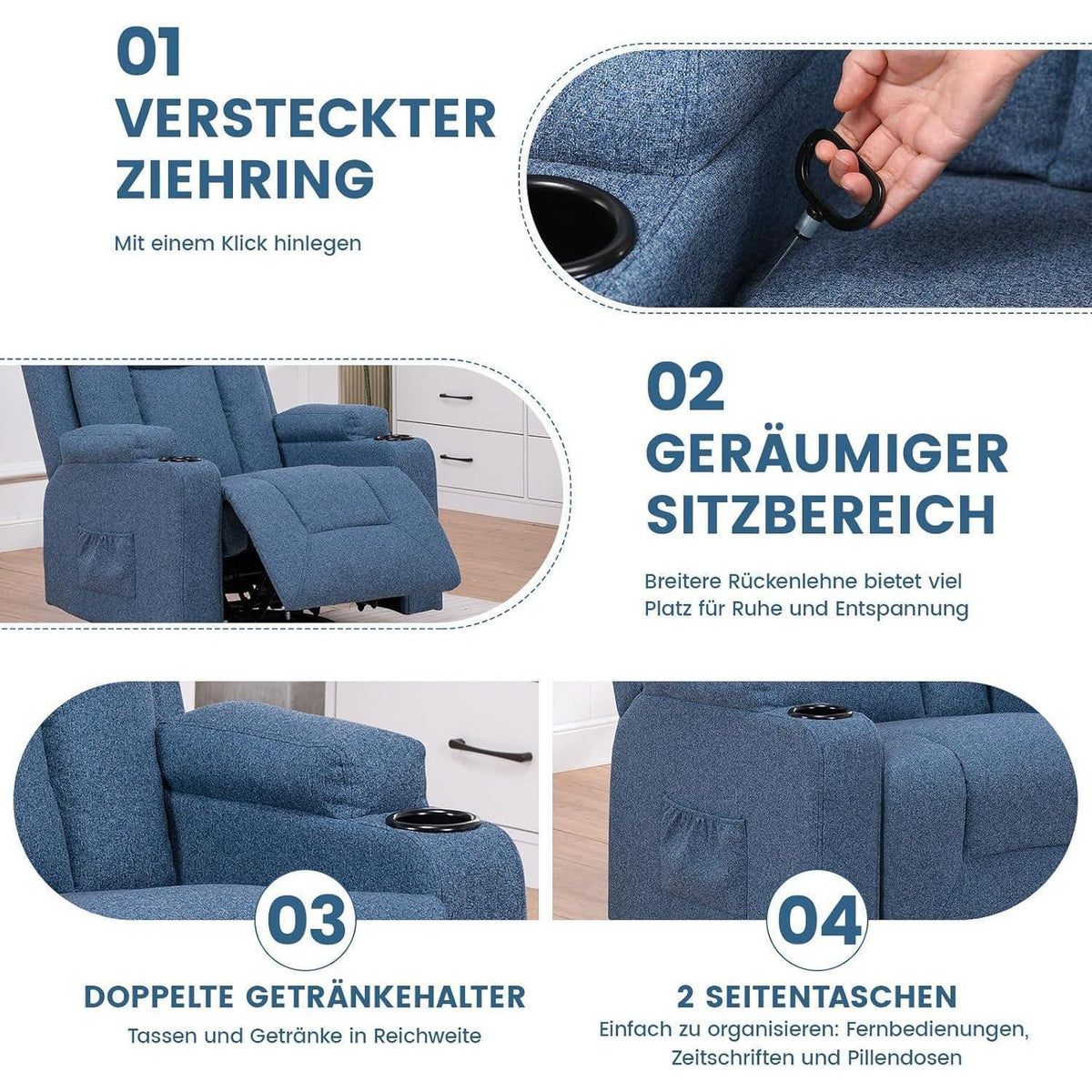 Relaxsessel Stoff Blau mit Verstellbarer Liegefunktion