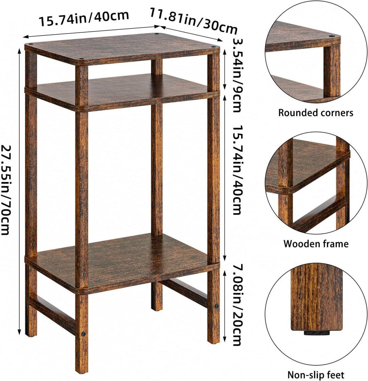 3 Ebenen Beistelltisch Holz Stauraum 70cm Hoch Nachttisch