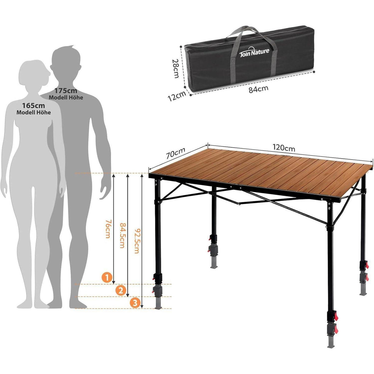 Höhenverstellbarer Campingtisch 120x70cm, Holzoptik, bis 100kg