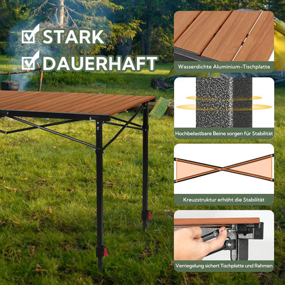 Höhenverstellbarer Campingtisch 120x70cm, Holzoptik, bis 100kg