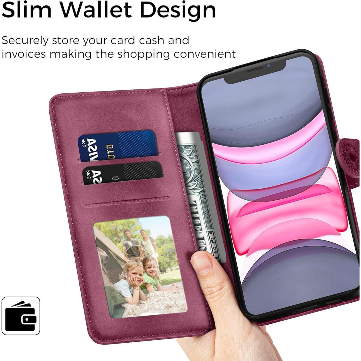 iPhone 11 Hülle Flip Wallet mit Kartenfach & Ständer Weinrot in Lederoptik