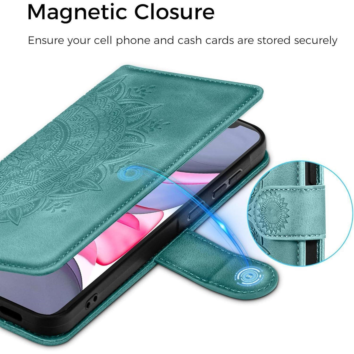 iPhone 11 Hülle mit Kartenfach, Ständer & Magnetverschluss - Grün in Lederoptik