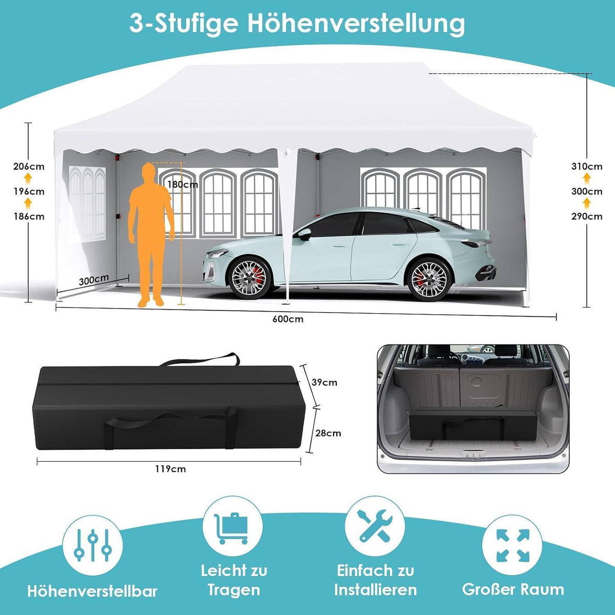 3x6 Pavillon Faltbar, Wasserdicht & Stabil für Garten & Events