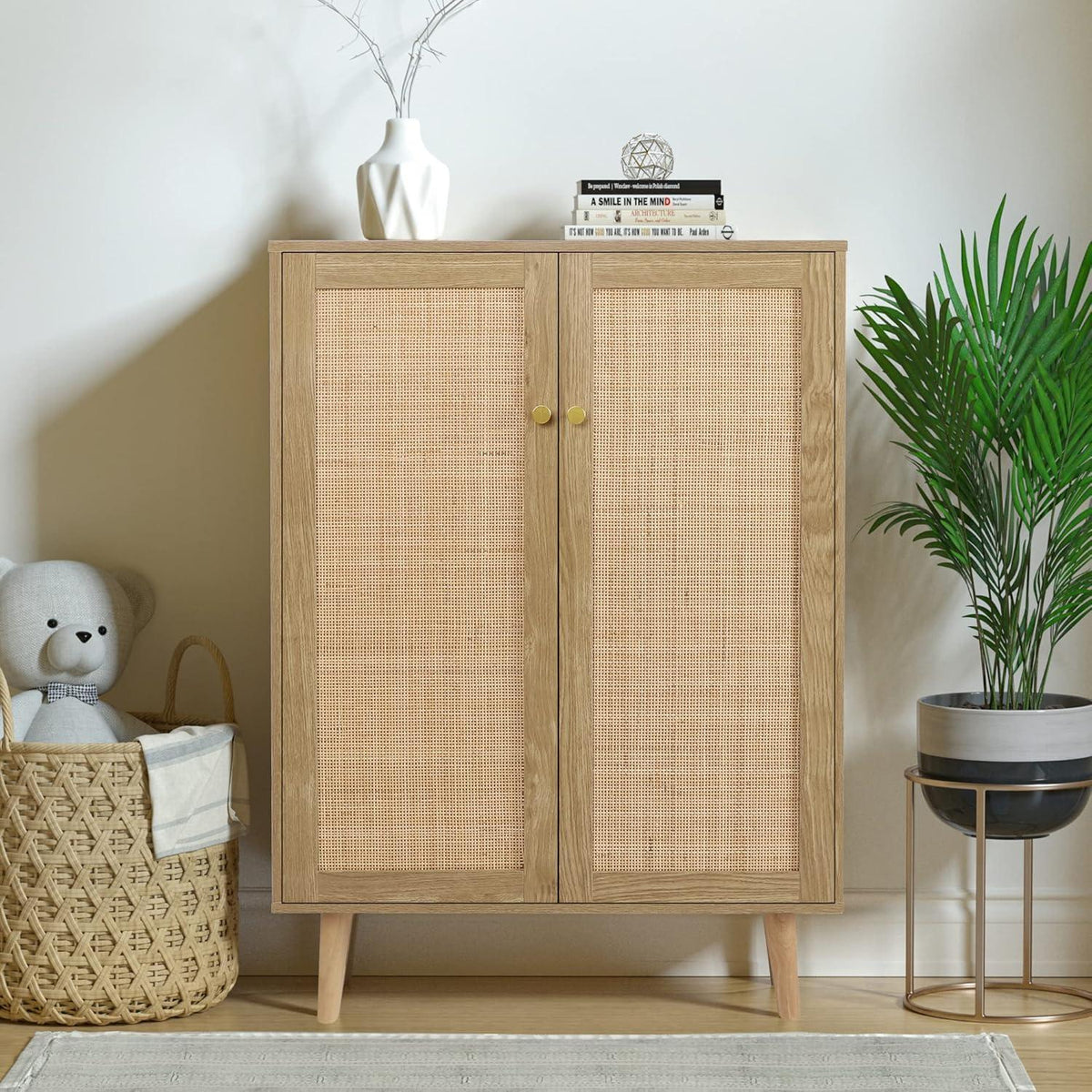 Küchenschrank mit Arbeitsplatte & Rattan Türen – Vielseitiger Buffetschrank