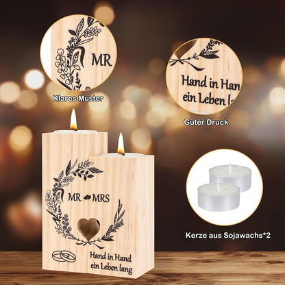 Personalisierter Herz Kerzenständer Holz Mr und Mrs Deko