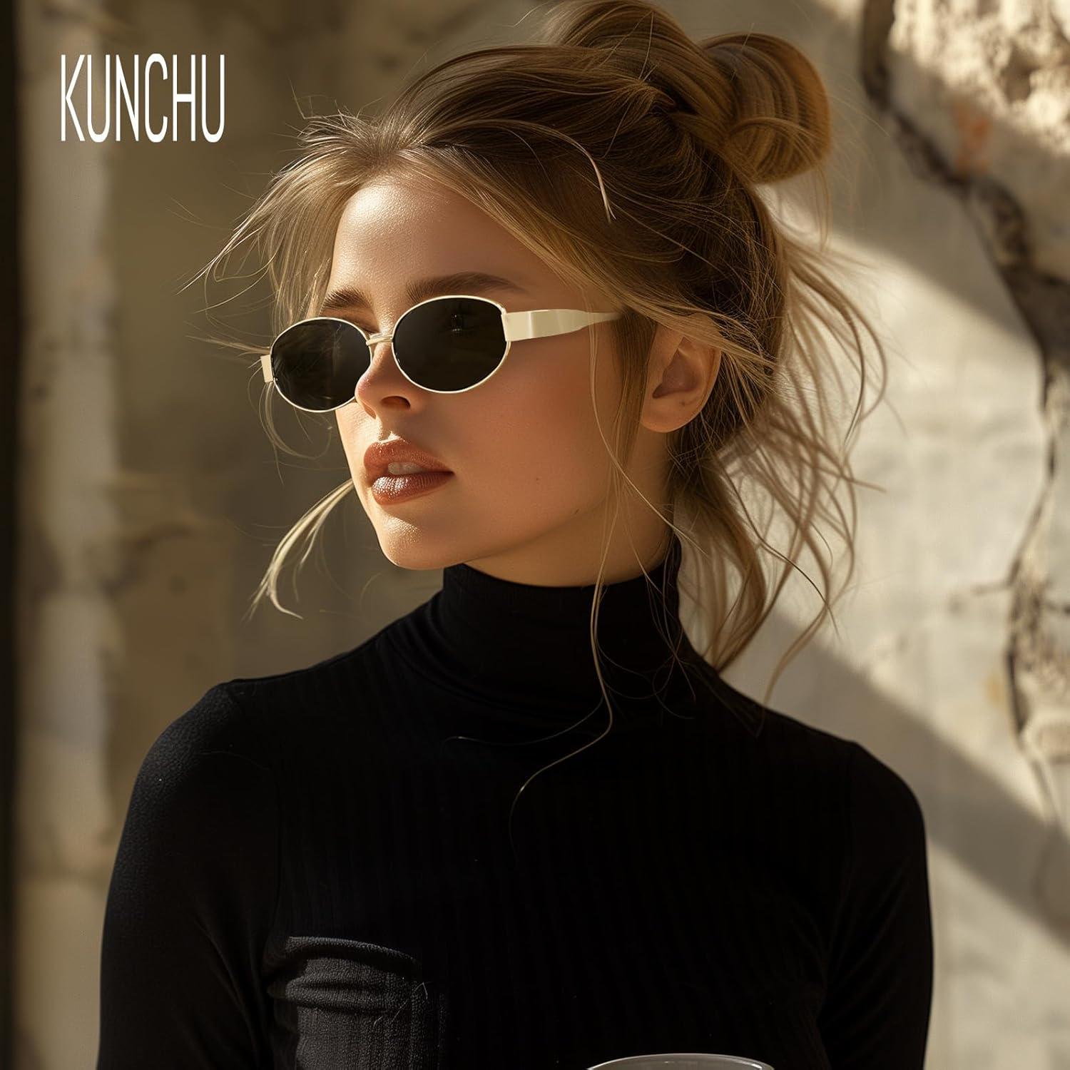 Kunchu Sonnenbrille Damen Polarisiert Gold Metal Retro Oval