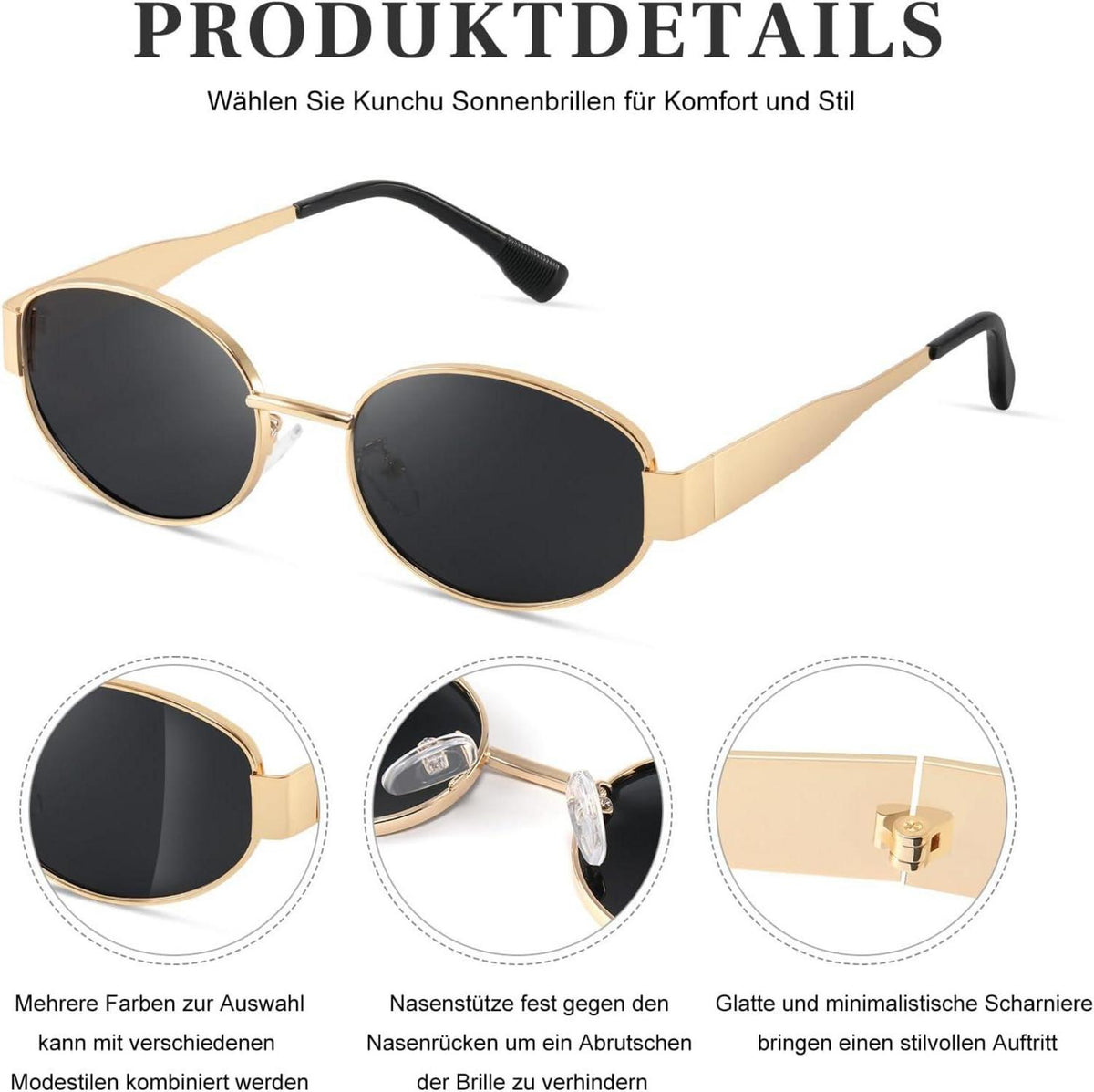 Kunchu Sonnenbrille Damen Gold Oval Polarisiert UV400 Vintage Ultraleicht
