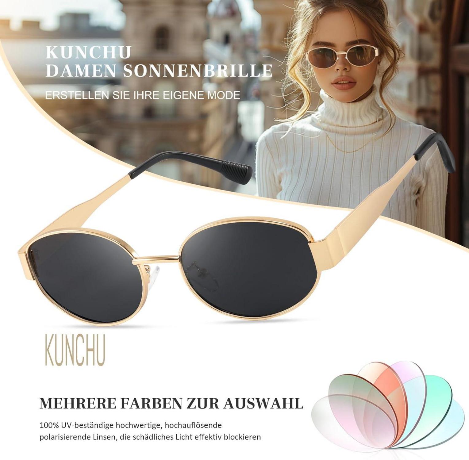 Kunchu Sonnenbrille Damen Herren Polarisiert Gold Retro Oval Vintage Uv400