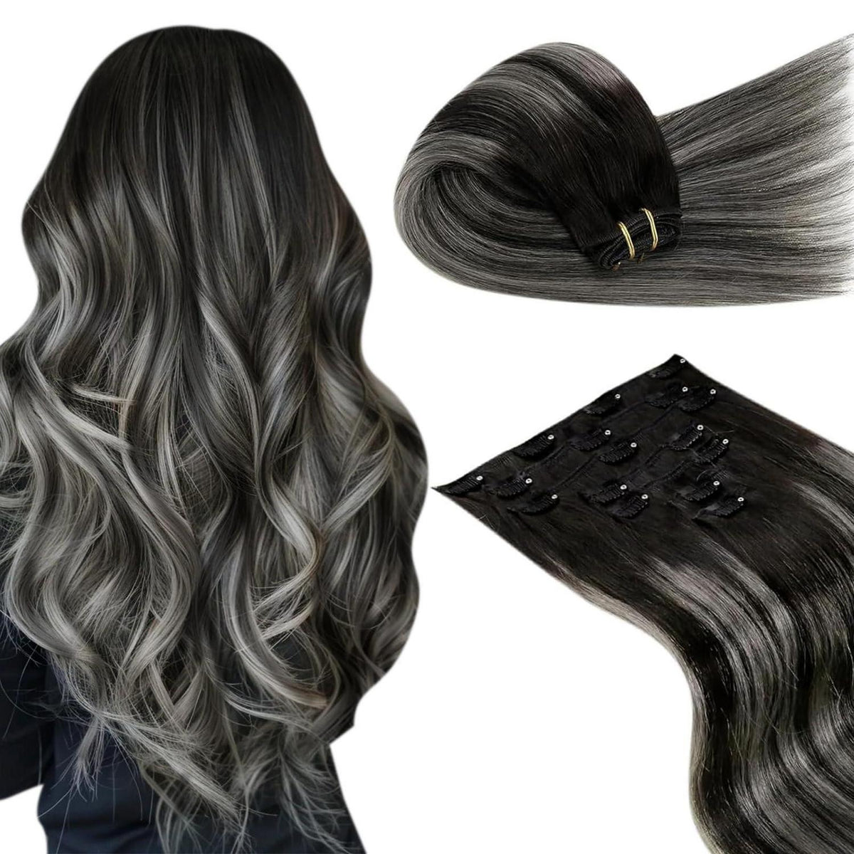 Echthaar Clip-in Extensions Schwarz Balayage Ombre Silber 45cm