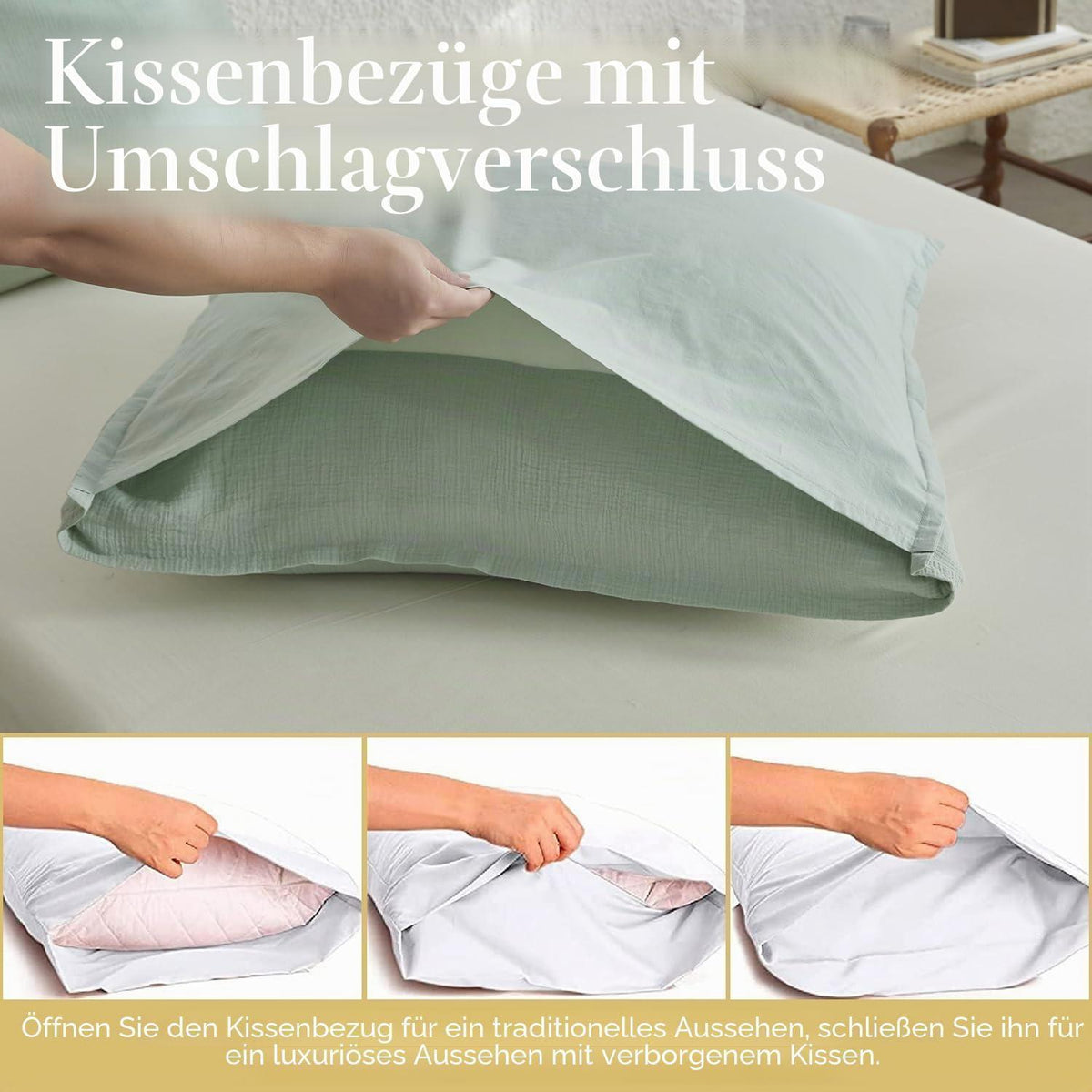 Musselin Bettwäsche Set 220x240 cm, Mintgrün, Atmungsaktiv & Weich