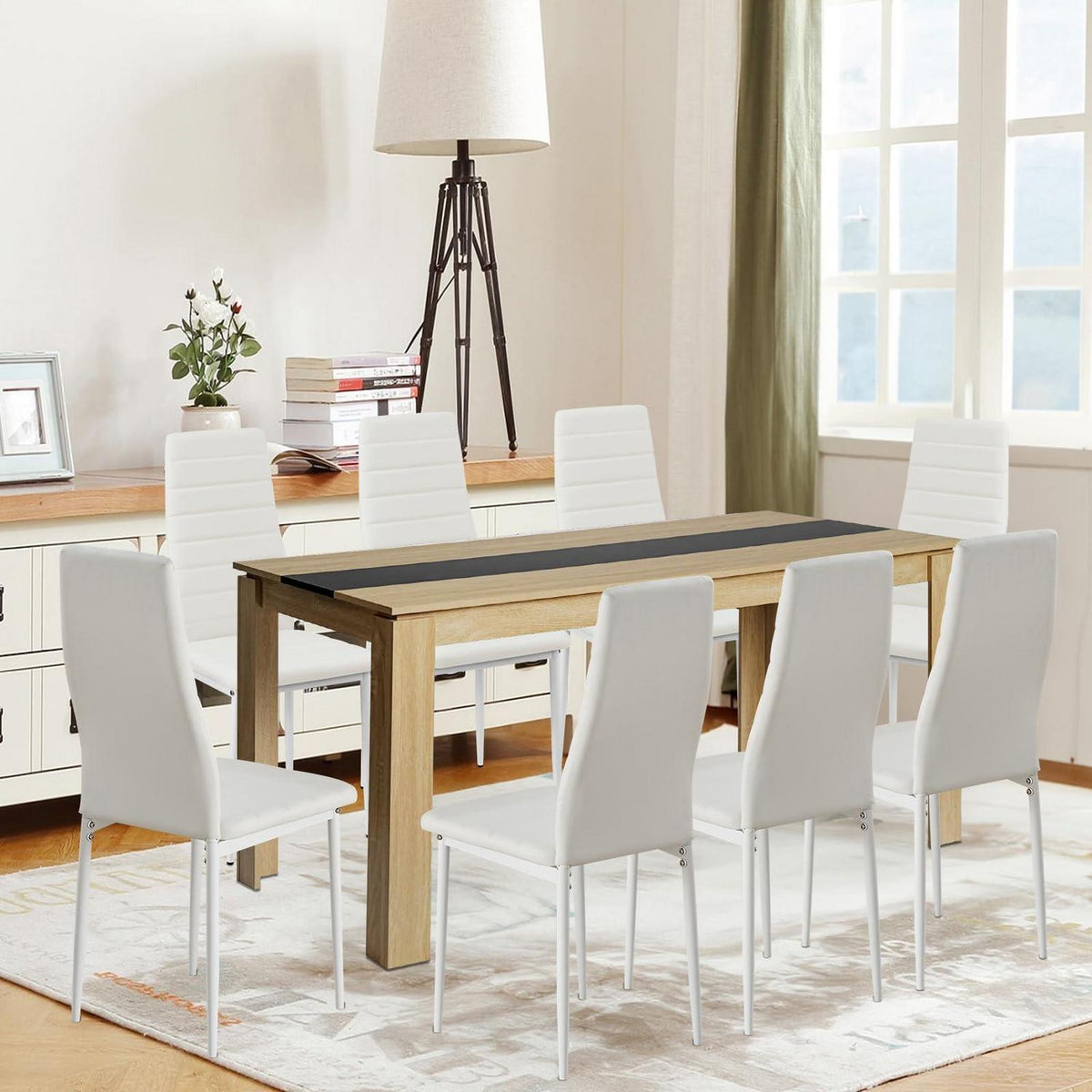 Esszimmergruppe für 8 Personen – Eiche-Schwarz Tisch & 8 Weiß Stühle