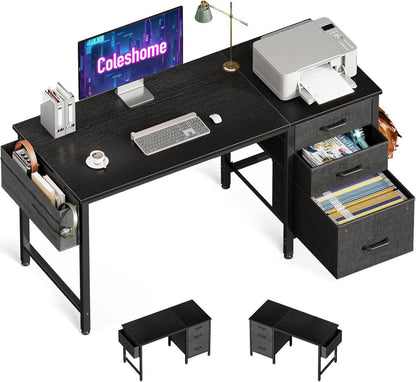 Schwarzer PC-Schreibtisch mit Stoffschubladen und Aufbewahrungstasche