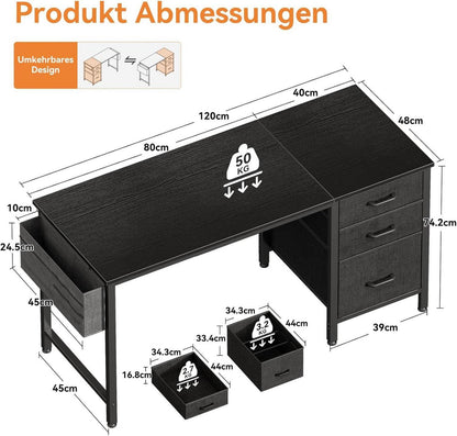 Schwarzer PC-Schreibtisch mit Stoffschubladen und Aufbewahrungstasche