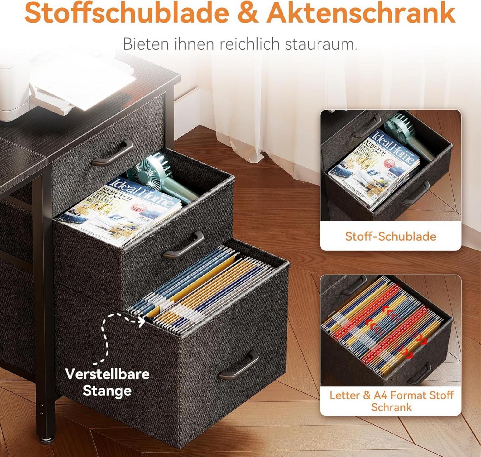 Schreibtisch mit 3 Stoff Schubladen und Kopfhörerhalter, Schwarz