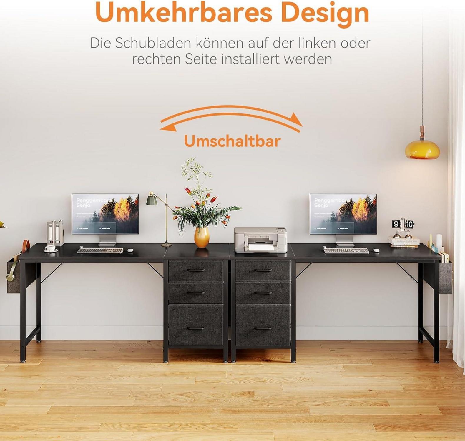 Schreibtisch mit Stoffschubladen und Kopfhörerhalter, Schwarz 120x48cm