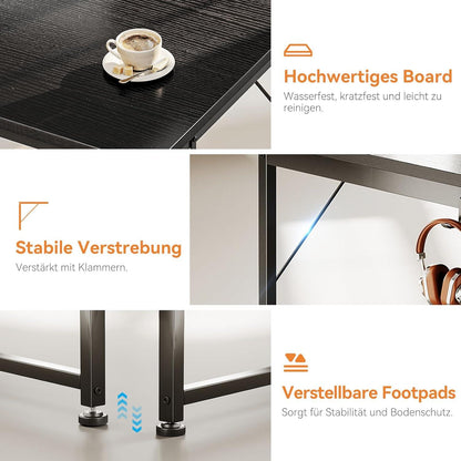 Schreibtisch mit Stoffschubladen und Kopfhörerhalter, Schwarz 120x48cm