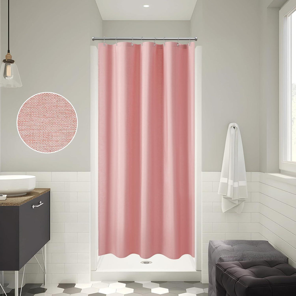 Leinen Duschvorhang Rosa | Wasserdicht & Schwerer Badewannenvorhang 122x182cm