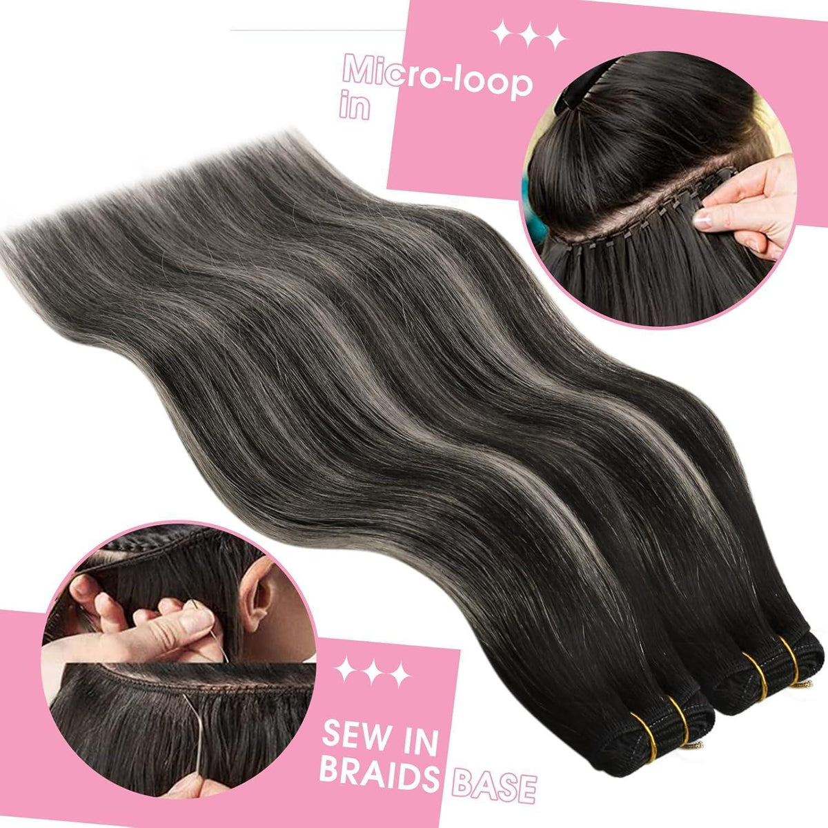 Echthaar Tressen Schwarz Ombre Silber 40cm 100g Remy