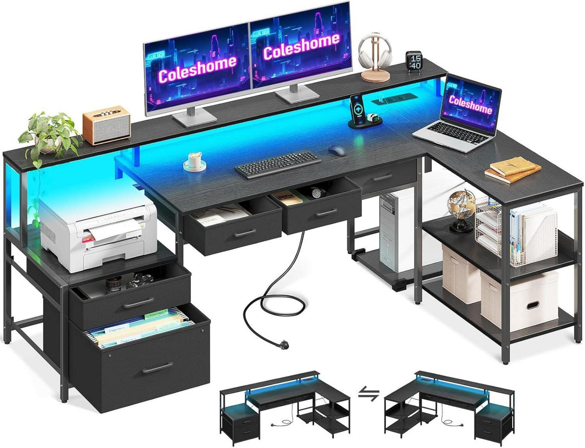 Schreibtisch L Form mit Schubladen, Gaming Tisch LED & Monitorständer