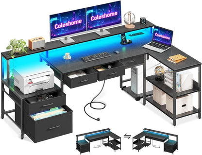 Schreibtisch L Form mit Schubladen, Gaming Tisch LED & Monitorständer