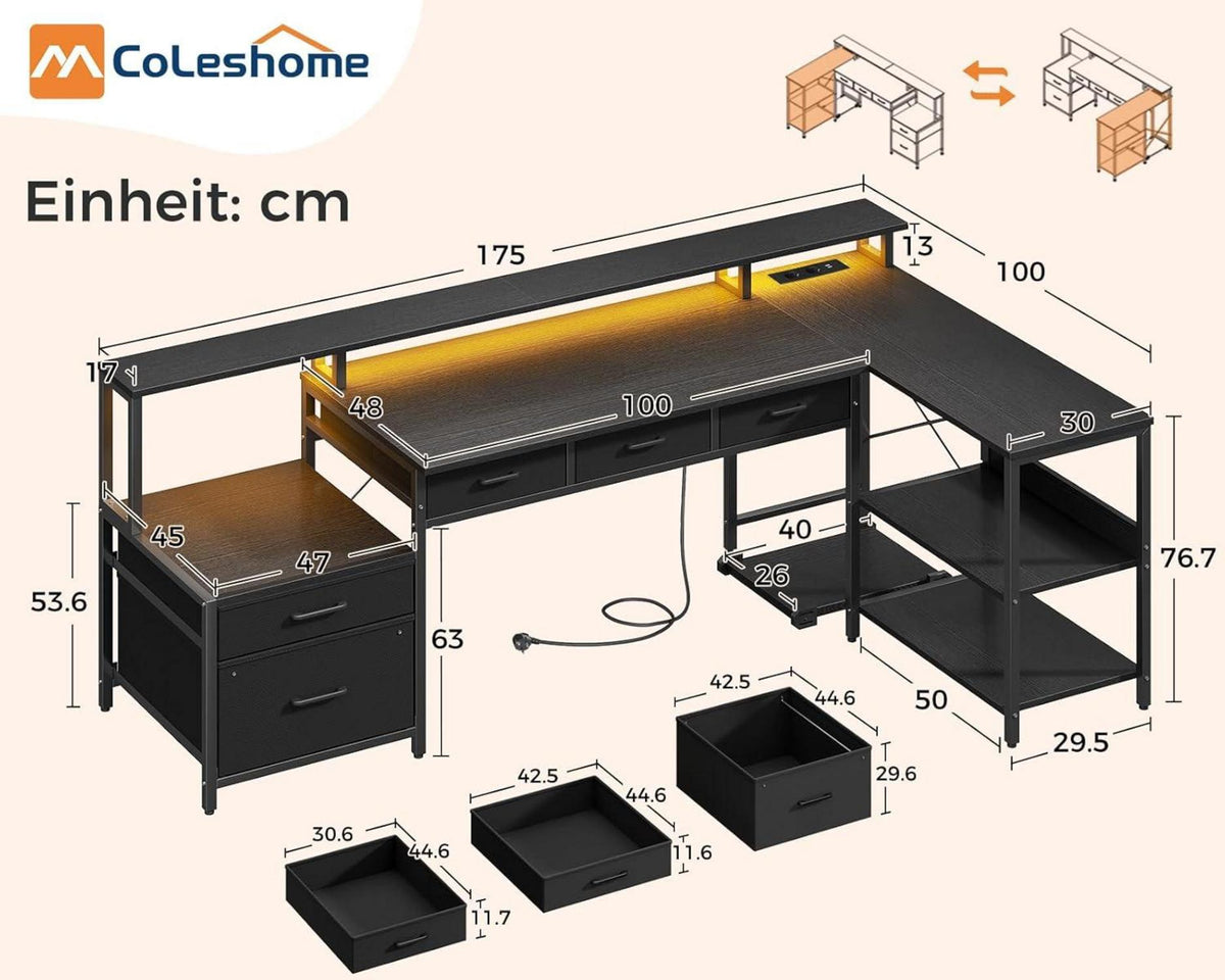 Schreibtisch L Form mit Schubladen, Gaming Tisch LED & Monitorständer