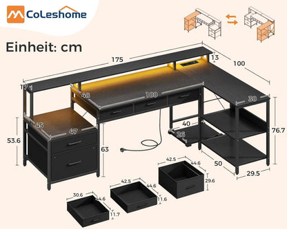 Schreibtisch L Form mit Schubladen, Gaming Tisch LED & Monitorständer