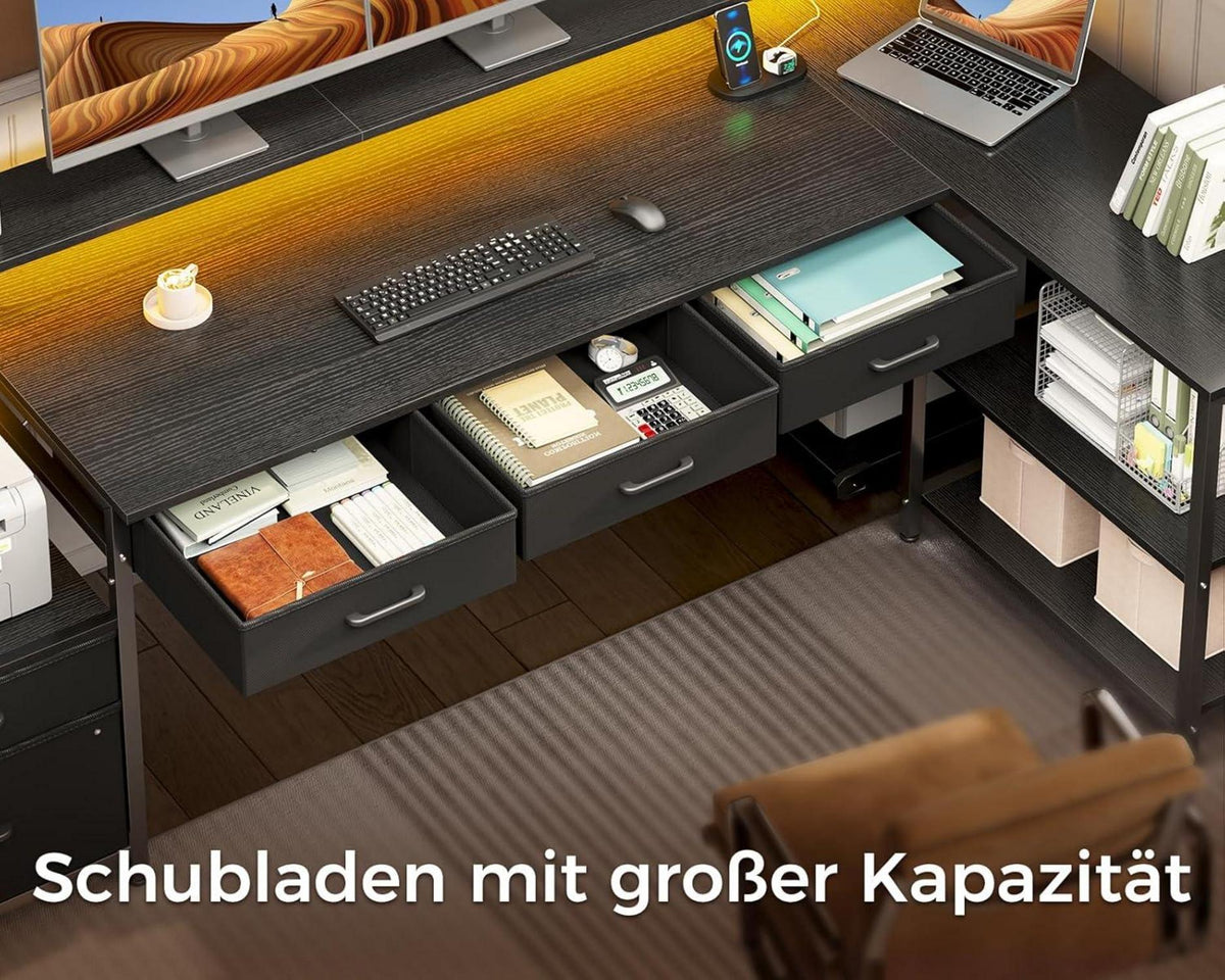 Coleshome Schreibtisch L Form 175x100cm mit LED Gaming Tisch und Stauraum