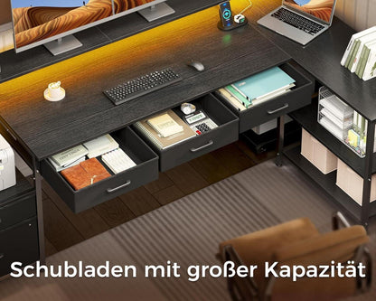 Coleshome Schreibtisch L Form 175x100cm mit LED Gaming Tisch und Stauraum