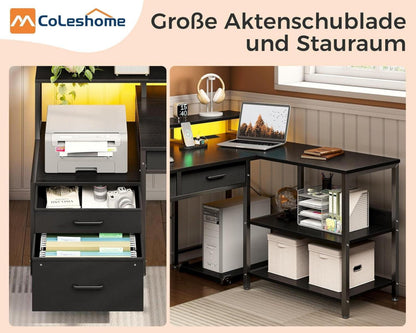 Schreibtisch L Form 175x100cm Gaming Tisch LED Steckdose Stauraum Schwarz