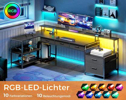 Schreibtisch L Form mit Schubladen 175x100cm Gaming Tisch LED