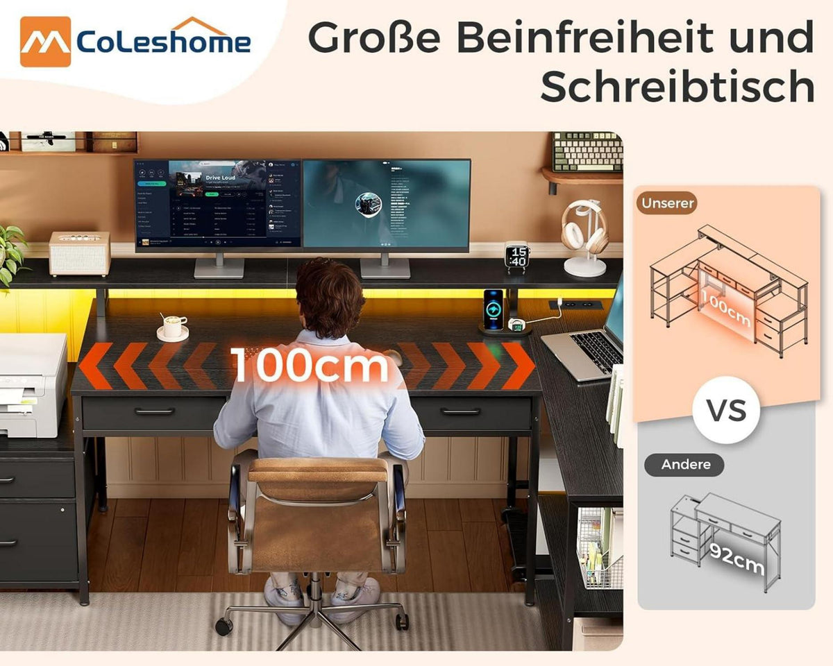 Schreibtisch L Form 175x100cm Gaming Tisch LED Steckdose Stauraum Schwarz