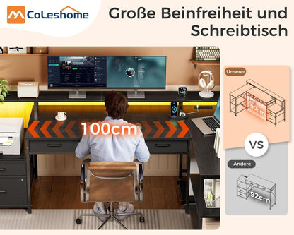 Schreibtisch L Form 175x100cm Gaming Tisch LED Steckdose Stauraum Schwarz
