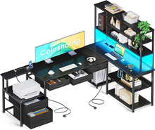 Eckschreibtisch LED USB Steckdosen Schubladen Regale 200x110cm Schwarz