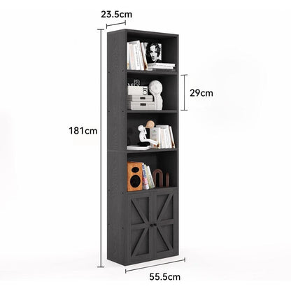 Bücherregal Schwarz mit 2 Türen & 6 Ebenen – Standregal Holz