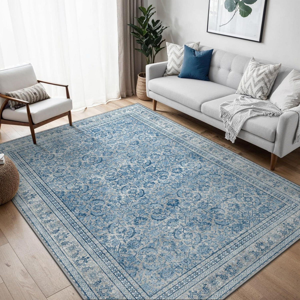Vintage Teppich Blau 200x290cm – Waschbar & Rutschfest