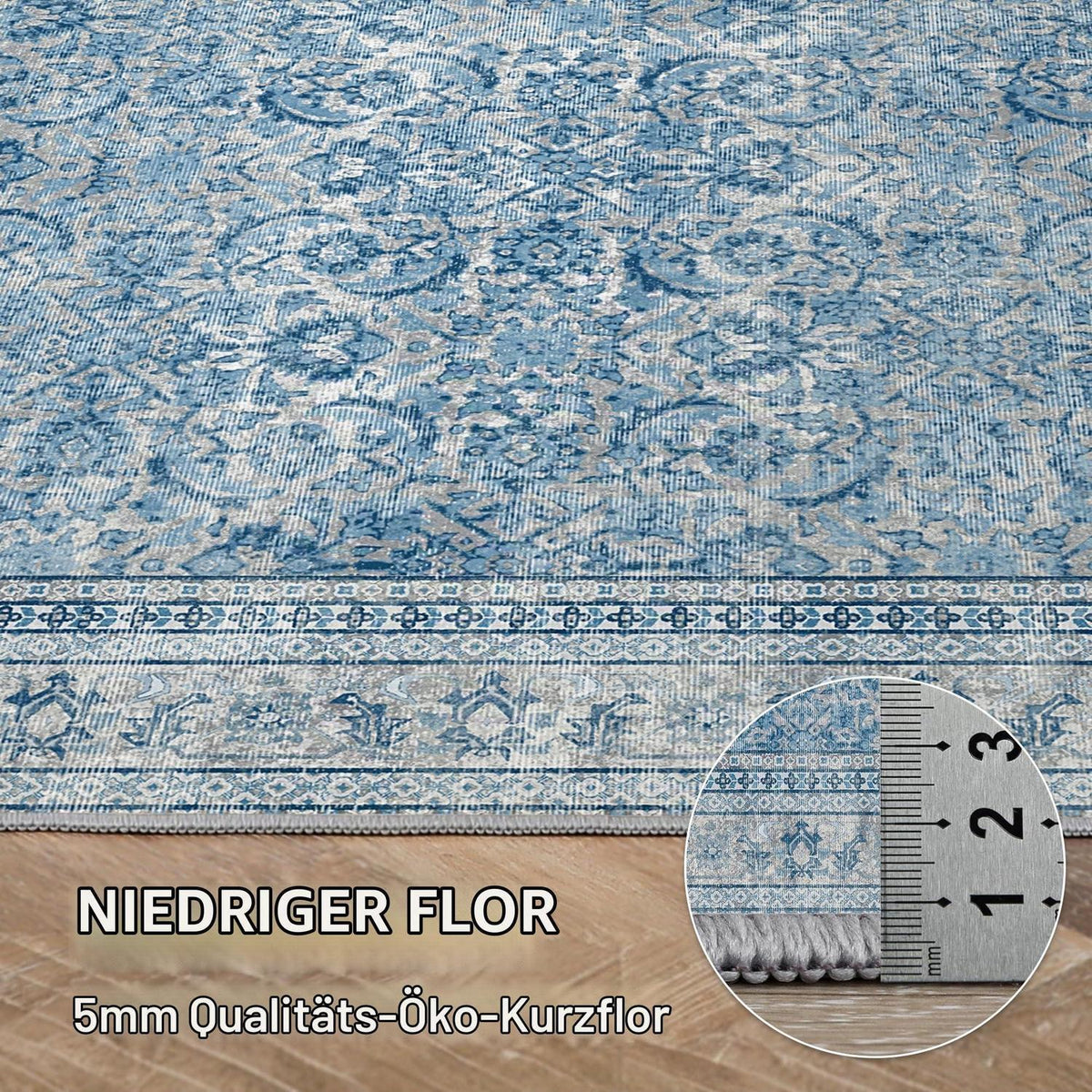 Vintage Teppich Blau 200x290cm – Waschbar & Rutschfest