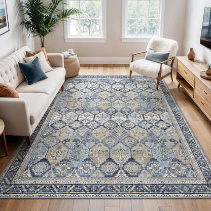 Vintage Teppich Wohnzimmer 160x230cm Blumenblau Rechteckig