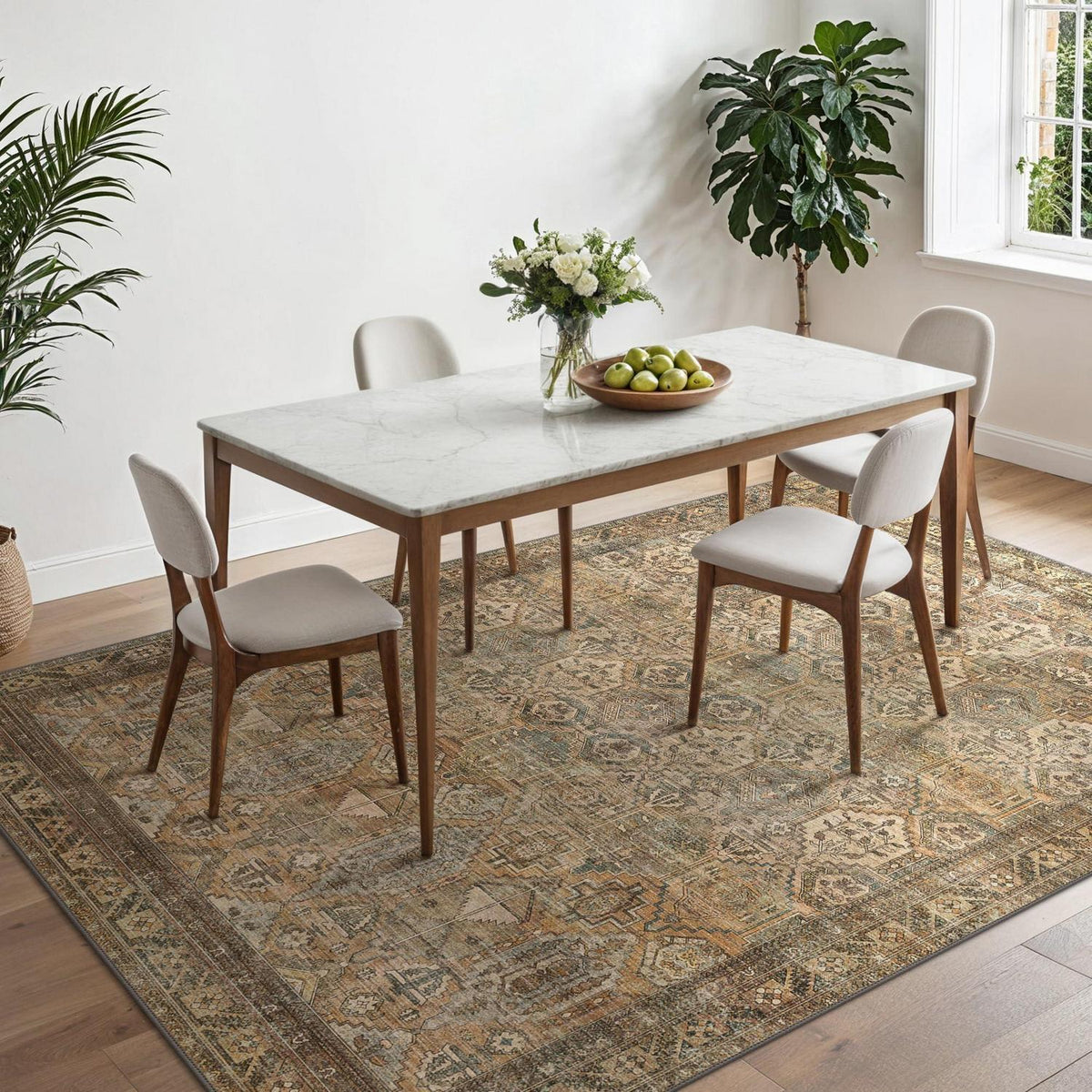 Vintage Teppich Wohnzimmer 200x290cm Dunkelbraun Grün Rechteckig